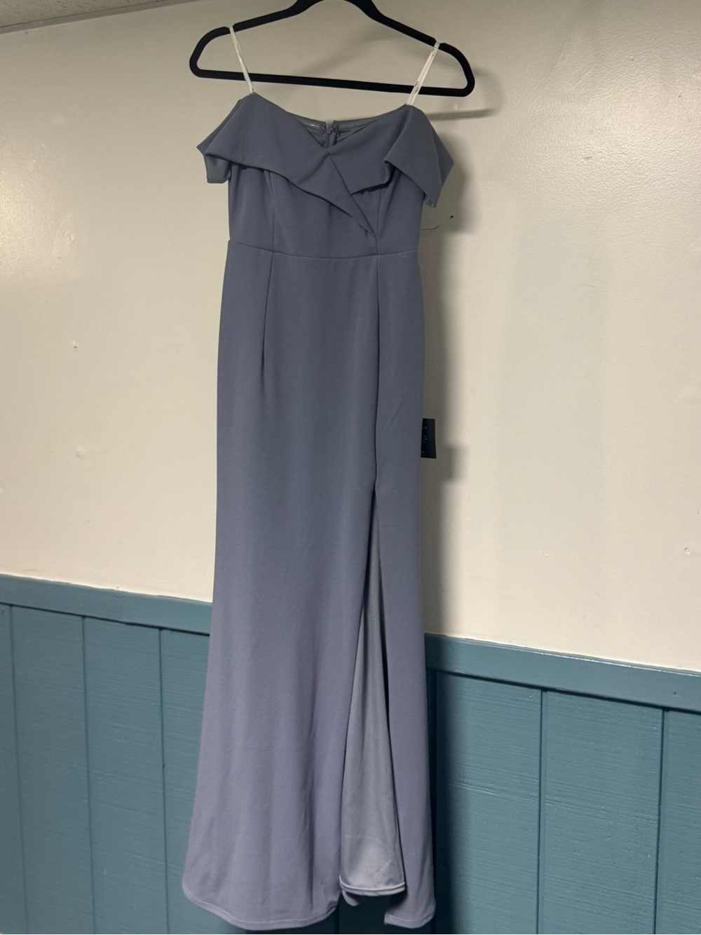 Lulu's Dusty Blue Strapless Ruffle Column Gown